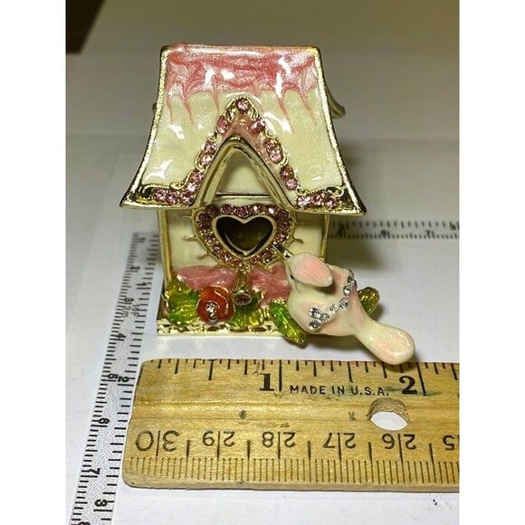 Bird House, Trinket Box, Collectible, White /Pink Enamel Gold tone Accents - Picture 1 of 7